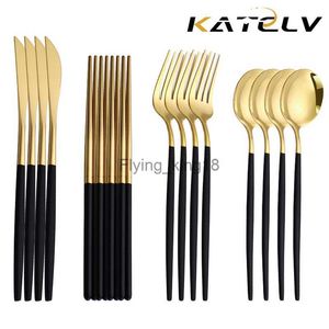 12-16 PCS Zestaw Black Gold Tutlery Paftsticks Nóż łyżka łyżka złota stal ze stali nierdzewnej koreański zestaw naczyń stołowych luksusowy zestaw stołowych hkd230812