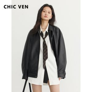 Womens Leather Faux CHIC VEN Moto Biker Zipper Jacket Loose Motorcycle PU Coat Female Outerwear Ladies Clothing Spring Autumn 230822