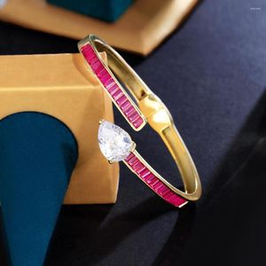 Bangle CWWZircons Shiny Rose Red Cubic Zirconia Gold Plated Big Water Drop Shape Round Open Cuff For Women Wedding Prom BG065