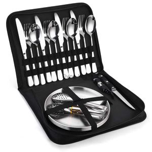 10PCS-20PCS Camping Tableware Set Portable Cutlery Kit Stainless Steel Picnic Gold Disc Steak Knifes Forks Spoon Set with Bag HKD230812