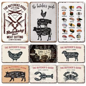 Roliga snitt av fläsk anka fisk tennskylt vintage The Butcher's Guide Metal Plate Decor Plaques Retro Restaurang Kitchen Meat Shop Decoration Signs 30x20cm W01