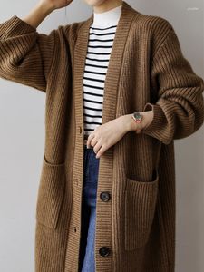 Women's Knits Vintage Elegant V-neck Single Breasted Long Knitted Cardigan Autumn Winter Thick Warm Sleeve Pockets Coat Women Casual Tops