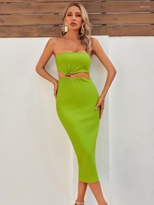 Casual Dresses Women Summer Sexy Strapless Backless Cut Out Green Midi Bodycon Bandage Dress 2023 Elegant Evening Club Party