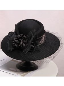 Breda randen hattar hink slöja svarta kvinnor vinter fedora 100 australisk ull cloche kvinnlig filt hatt damer bowknot för kyrkans möss 56 58 cm 230822