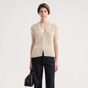 Women's Sweaters 2023 Spring And Summer Beige Linen Mixed Woven V-neck Hollow Knitted Vest Pure Color Casual Sleeveless