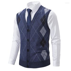 Men's Vests Spring Autumn Male Vest Sleeveless Sweater Fleece Warm Knitted Jackets Checkered Business Casual Button Up Coat Clothing