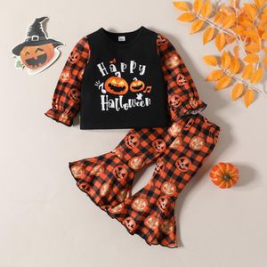 Rompers 2023 Ins Halloween Baby Girls 2PCS Clothes Set Pumpkin Printed Plaid Long Sleeve Tops Flared Pants Suit Toddler Outfits 230823