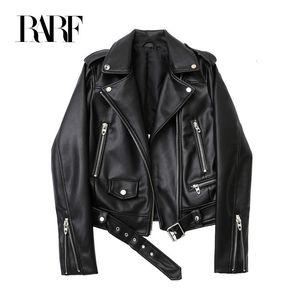 Womens Leather Faux Rarf Spring and Autumn Faux Leather Pu Jacket With Belt Womens Lapel Motorcykel Black Zip Biker 230822
