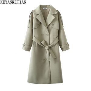 Womens Wool Blends KEYANKETIAN long padded woolen oversize winter coat light green Oversize with belt double breasted trench 230822