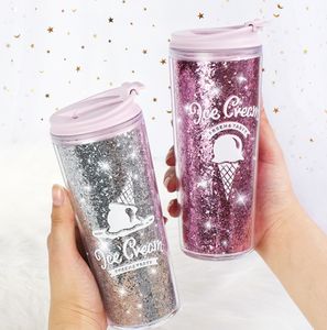 The latest 13oz ice cream glitter double -layer plastic straw coffee mug, many style choices, support customization of any logo