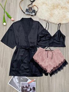 Frauen Nachtwäsche 2023 3 Stück Satin Pyjama Set Short Robe Gürtel Cami Top Spitzenverkleidung Shorts Komfortable Loungewear