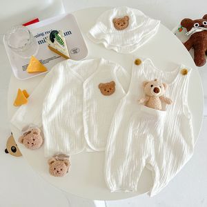 Rompers Cartoon Bear Muslin Musper Hat Hat Abito estate Autumn Autumn Baby Girl Cotton Cotton Cotton Through YouStable per ragazzi 03T 230822