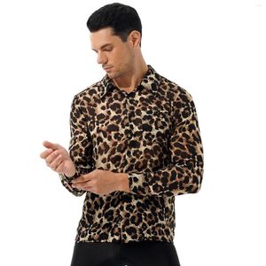 Herren T-Shirts Männer modische Mode durchsichtige Leoparden-Print-Knopf T-Shirts Turndown Collar Long Sleeve Casual Tops Nachtclub Kostüm Sissy