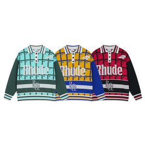 Men s tröjor Rhude Letter Jacquard Splice Lapel Knit Sweater Pullover Men Woman Par Style Fashion Casual Knitwear Sweatshirts 230823