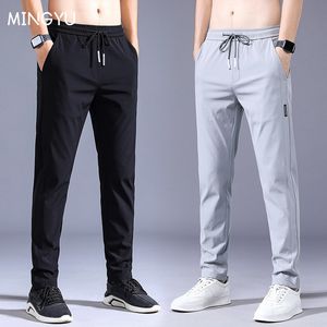 Mäns byxor Summer Men's Casual Pants Thin Soft Soft Elasticity Lace-up midja Solid Color Pocket Applique Korea Gray Black Work Byxor Male 38 230822