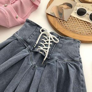 Gonna a pieghe da donna in denim antirivelante una parola estiva per piccoli studenti sottile e versatile