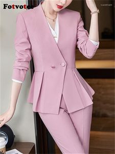 Women's Two Piece Pants Fotvotee Office Ladies Suits For Women 2023 Fashion Long Sleeve Slim Pleated Blazer Chic Casual Solid High Waist