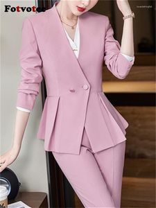 Calças de duas peças femininas FotVotee Office Ladies Fitores para Mulheres 2023 Moda Moda Manga Longa Blazer plissado chique Casual Casual Cintura alta alta