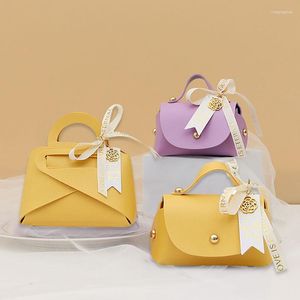Present Wrap 5st Candy Packaging Box Mini Handväska Bow Ribbon Bag Läderväskor Bröllop Favor Distributioner Eid Mubarak