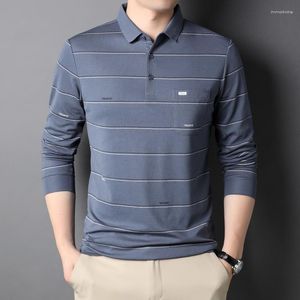 Herrpolos Autumn Winter Polo Shirt Cotton Business Casual Clothing Long Sleeve Pullovers Tickets Turn-Down Collar Stripe Tops