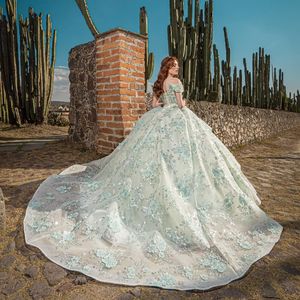 Sage Green Shiny Off the Shoulder Ball Gown Quinceanera Dresses For Girls Pärled Applique 3D Flowers Födelsedagsfestklänningar