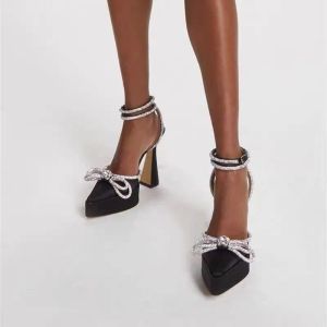 Mach Satin Bow Frate Shoes Platform Platfers Crystal украшенные стразы Вечерний обувь коренастые высокие каблуки сандалии с роскошными дизайнерами