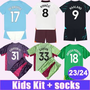 23 24 De Bruyne Grealish Kids Kit Soccer Jerseys Bernardo Kovacic Joao Cancelar Mahrez Foden Stones Home Away Away 3rd Goldkeeper Football Shirts