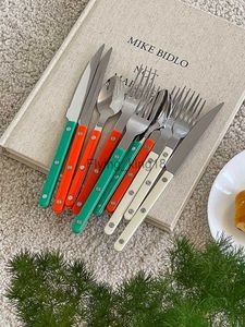 Korean INS Style Tableware Set Stainless Steel Knife Fork Spoon Western Tableware Set Simple Retro Color Dinner Cutlery Set HKD230812