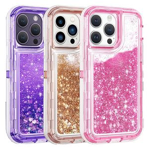 Liquid Quicksand Glitter Phone Cases For Iphone 15 11 12 13 14 Pro Max 14Plus 13Mini XR XsMax 8Plus SE Shockproof Three Layer Heavy Duty Defender Protective Hard Cover