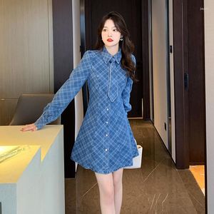 Casual Dresses Dress for Women 2023 Spring French A Word midje Slim Polo Shirt With Tie Bubble Sleeve Kort denim Kvinna