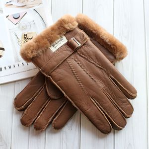 Five Fingers Gloves Sheepskin Fur Gloves Men's Thick Winter Warm Large Size Outdoor Windproof Cold Hand Stitching Sewn Leather Finger Gloves 230822