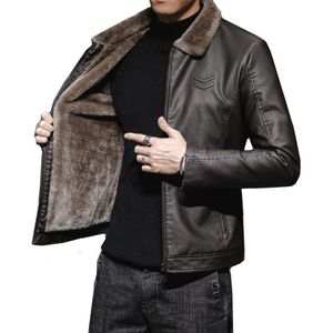 Men's Trench Coats Thick Brown Leather Jacket Mens Winter Autumn Men's Jacket Fashion Faux Fur Collar Windproof Warm Coat Men Brand Clothing 230822