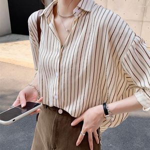 Frauenblusen braun gestreiftes Hemd Frühling 2023 Koreaner Mode Lose Design Top tragen Langarm Blusas Estampadas