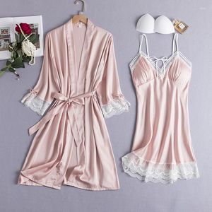 Kadın pijama 2pcs robe takım elbise gelin kadın saten giyinme şezlong