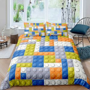 Bedding sets Colorful Blocks Duvet Cover King/Queen Size Building Toy Bedding Set Kids Boys Girls Orange Blue Fun Brick Quilt Cover