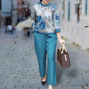 Kvinnors tvåbitar byxor Kvinnor T-shirt Set Wide Ben Fall Spring Top Trousers Passar Two-Piece Floral Print Ben