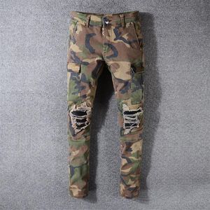 Amerikan Sokak Giyim Moda Erkek Kot Pamuflaj Askeri Büyük Pocket Denim Kargo Pantolon Yırtılmış İnce Fit Hip Hop Jean219b