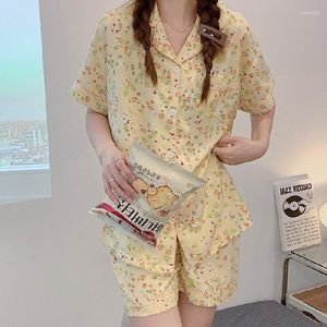 Kadınların Pijama Çiçek Baskı Dönüşü Yaka Pijama Setleri İpek Pamuk Pijamaları Kore tarzı Sevimli Gevşek Kısa Kollu Nightgown Comfort 2 PCS