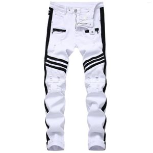 Мужские джинсы 2023men белая молния черная отделка боковая полоса Слитная растяжка с разорванными повседневными брюками298X