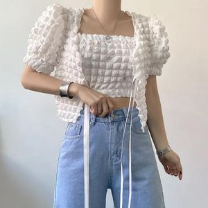 Women's Jackets Fashion Set French Style Stereoscopic Lace Up Bubble Cardigan Short Coat Bra Inner Layer Shirt Elegant Sweet