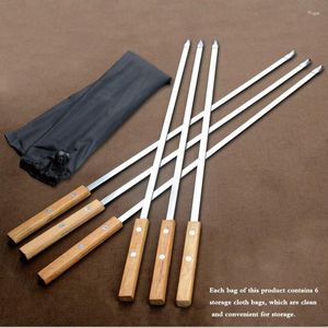 Tools 6 Pcs 55cm BBQ Skewers Long Handle Shish Kebab Barbecue Grill Sticks Wood Fork Stainless Steel Outdoor Needle Bags