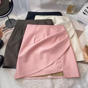 Skirts Autumn Winter Women's Leather Korea Fashion Ladies High Waist Pleated Split Sexy Solid Color Irregular Short Mini Skirt