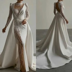 فساتين زفاف حورية البحر رائعة من طوق الأكمام الطويلة الخرزات الزائفة الزفاف مخصصة صنعت القطار Robe de Mariee