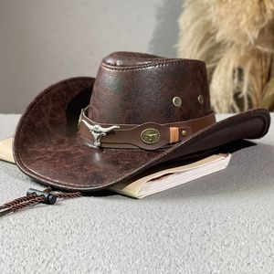 Breda gräl hattar hink hattar breda grimhattar hink hattar fest hatt män faux läder västerländsk cowboy ko huvud dekorera vintage ryttare panama cowgirl jazz cap sombrero hombre