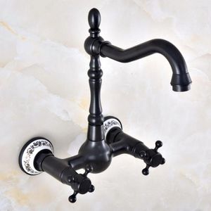 Bathroom Sink Faucets Black Oil Rubbed Bronze Kitchen Faucet Mixer Tap Swivel Spout Wall Mounted Two Handles Mnf850