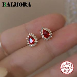 Ушная манжетка Balmora S925 Серебряные рубиновые красные камни серьги циркона для женщин для женщин Ретро Модный драгоценный камень