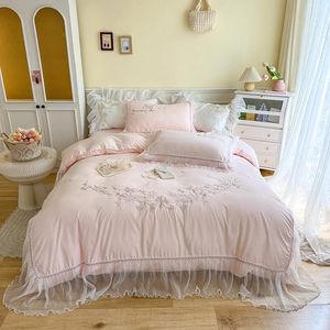 Bedding Sets Pink Girls Set Flowers Embroidery Chic Transparent Lace Ruffles Quilt Cover Flat/Fitted Sheet Pillowcases Bedclothes