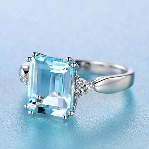 Anelli di nozze Princess Cut Lake Blue Rettangle Zircone Engagement for Women Silver Colore Promise Bande da sposa Gioielli di compleanno CZ