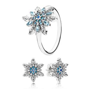 Blue Snowflake Ring and Stud Earrings Set for Pandora 925 Sterling Silver designer Jewelry For Women Girls Crystal Diamond Rings Luxury Earring with Original Box