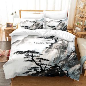 Set di biancheria da letto Pittura a inchiostro cinese Plum Blossom Set di biancheria da letto in bambù Copripiumino trapuntato di moda artistica con custodie 200x200 Dimensioni Tessile per adulti